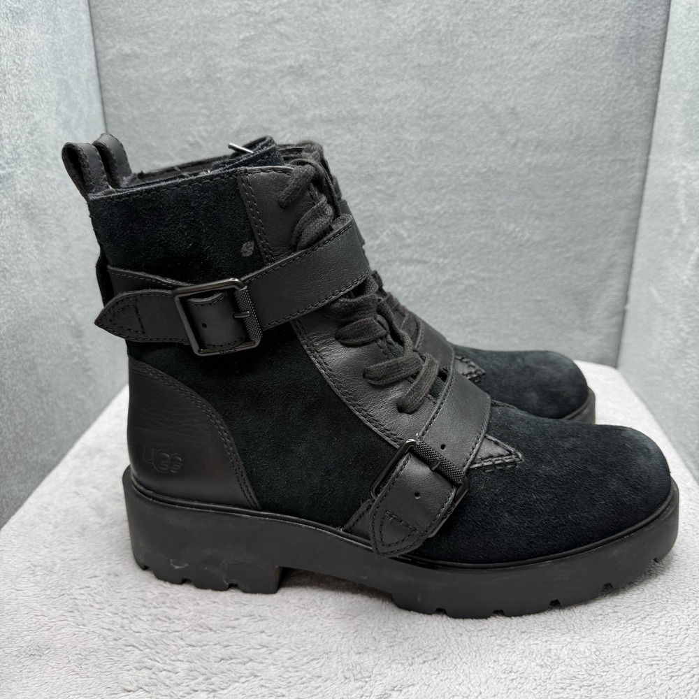 UGG Noe Black Leather Suede Moto Combat Boots Women's 10 Buckle Lug Sole Zip - Picture 5 of 9